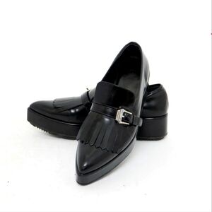 Prada Black Leather Kiltie Loafers with Silver Buckle